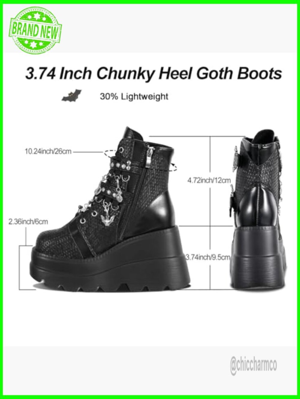 Goth Chunky Ankle Boots with Bat Buckle Platform Zip Lace Up Combat Bootie - Picture 4 of 7